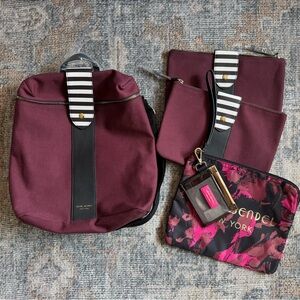 NWOT Henri Bendel maroon backpack and 3 makeup bags